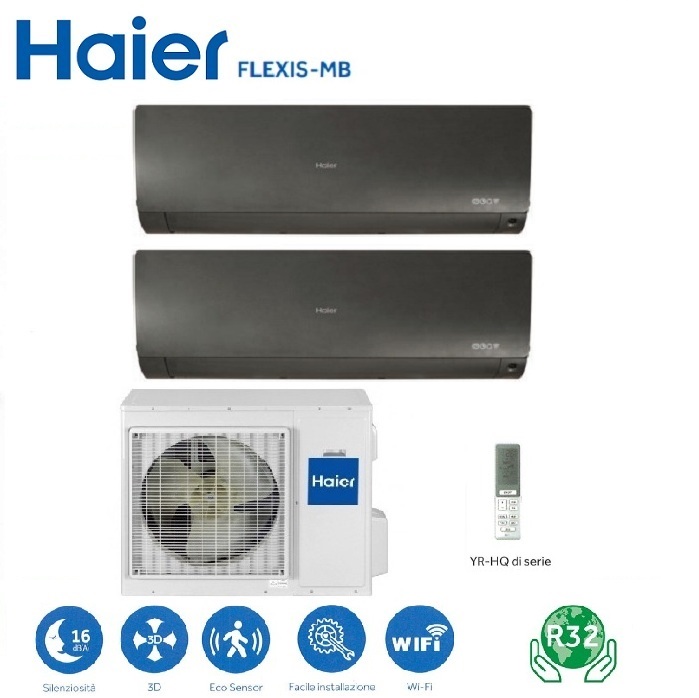 CLIMATIZZATORE CONDIZIONATORE HAIER DUAL SPLIT INVERTER FLEXIS BLACK R-32 7000+7000 CON 2U40S2SC1FA WI-FI INCLUSO NEW - 7+7