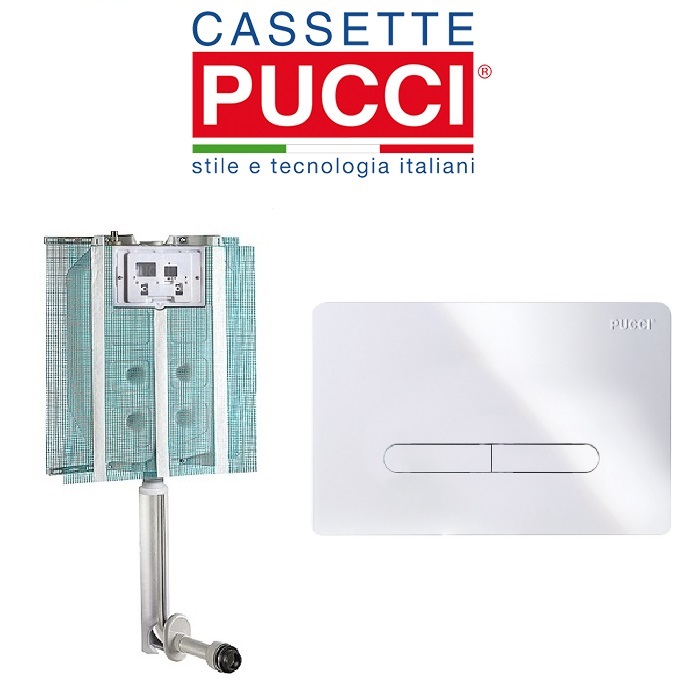 PUCCI  CASSETTA DI SCARICO DA INCASSO  modello PUCCI  ECO completa di  placca ECO TRATTO bianca