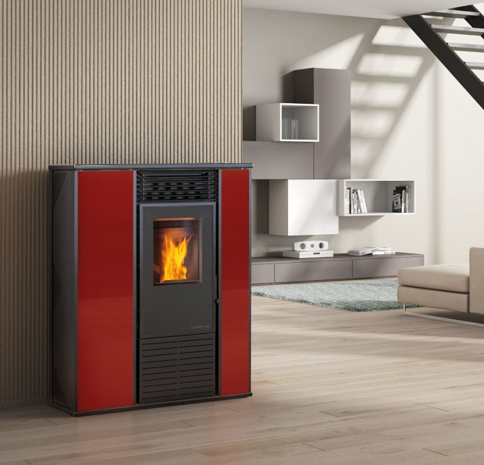 STUFA A PELLET KARMEK ONE MOD. ALICE CANALIZZATA 14,3 KW AD ARIA VENTILATA IN ACCIAIO ROSSO