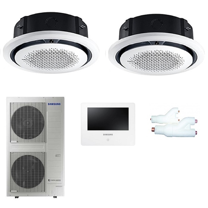 CLIMATIZZATORE CONDIZIONATORE INVERTER SAMSUNG TWIN COMMERCIALE DUAL CASSETTA 360° 36000+36000 CON AC200KXA E COMANDO A FILO E PANNELLO CIRCOLARE