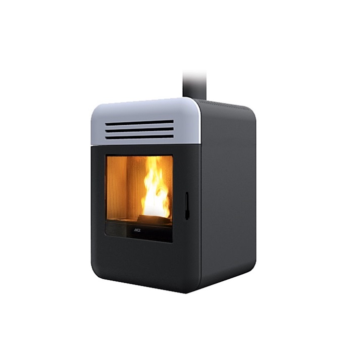 STUFA A PELLET MCZ THEMA AIR 8 H1 8 KW IN ACCIAIO NERO E GRIGLIA FRONTALE IN CERAMICA BIANCA