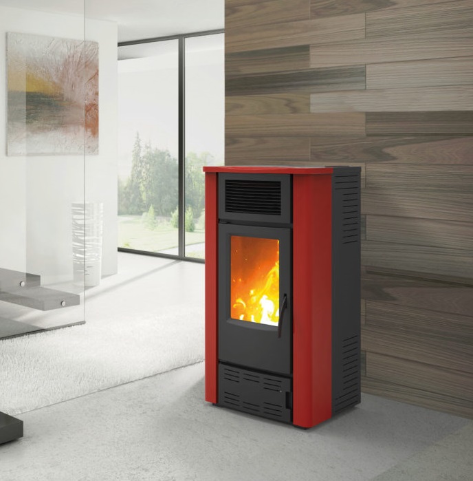 STUFA A PELLET AD ARIA CANALIZZABILE KARMEK ONE LUCCA PLUS 16,6 KW IN ACCIAIO COLORE BORDEAUX