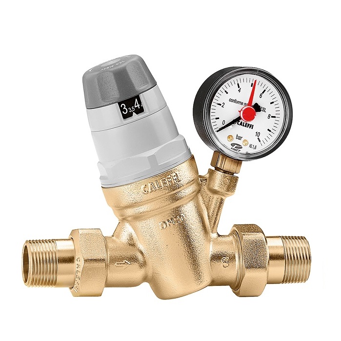 CALEFFI RIDUTTORE DI PRESSIONE CON CARTUCCIA MONOBLOCCO ESTRAIBILE CON MANICO 1/2" BOCCHETTONE CON MANOMETRO 0–10 BAR CODICE 535041