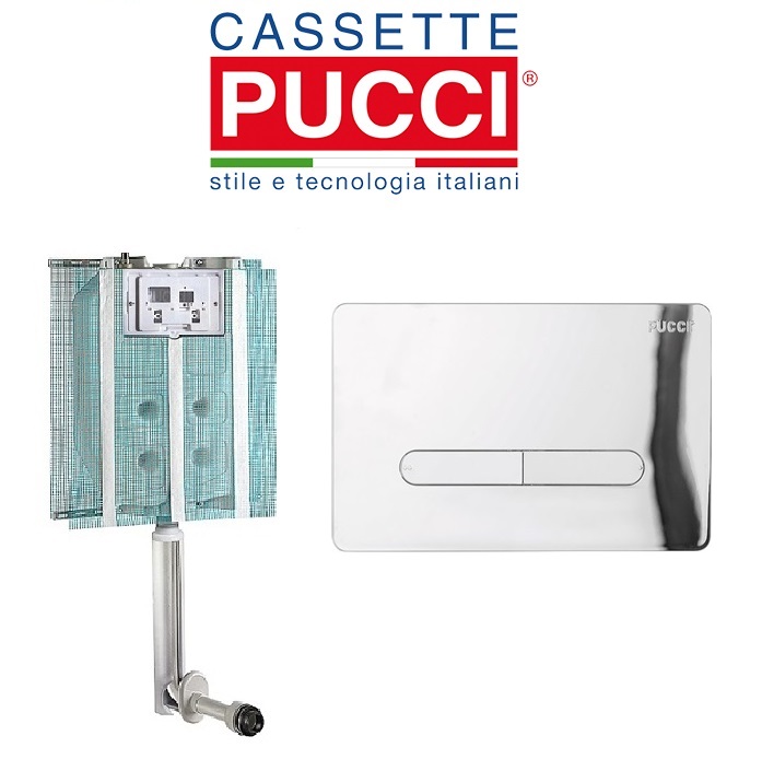 PUCCI  CASSETTA DI SCARICO DA INCASSO  modello PUCCI  ECO completa di  placca ECO TRATTO cromata